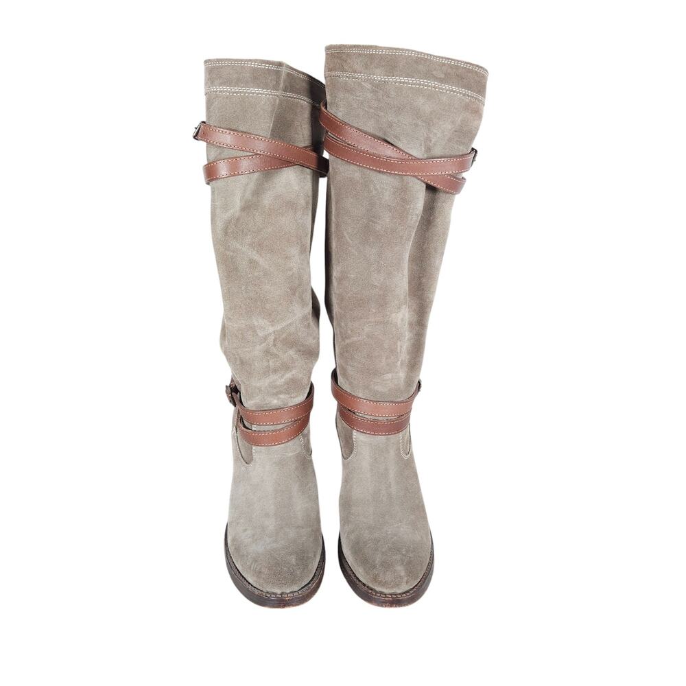 Frye Womens Tall Boots 7.5 Gray Suede Leather Harness Moto Block Heel Bohemian
